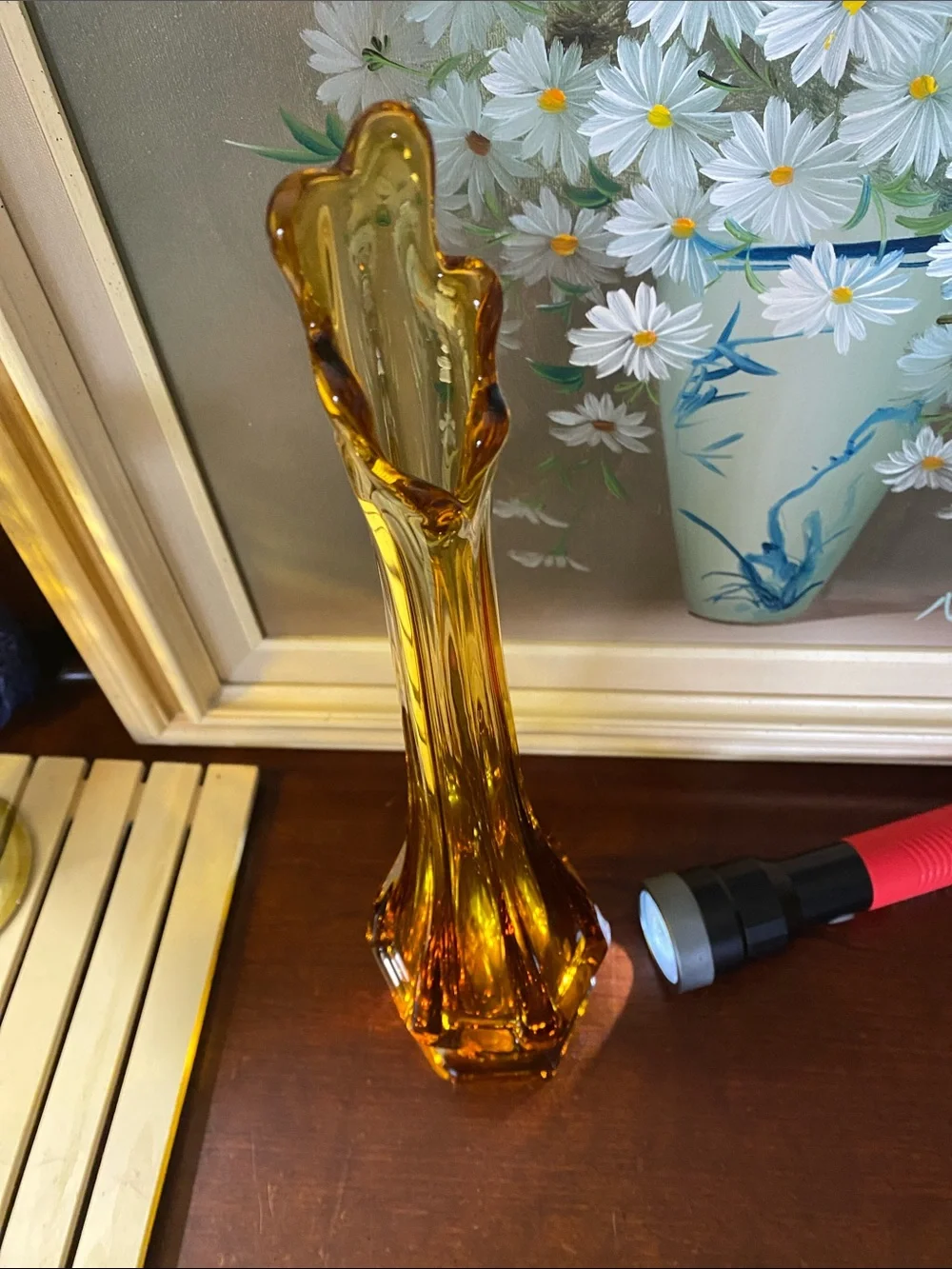 MCM Viking Glass Honey Amber Epic Column Swung Vase 18